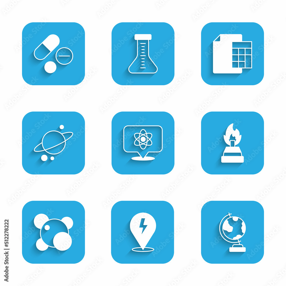 Set Atom, Lightning bolt, Earth globe, Alcohol or spirit burner, Molecule, Planet Saturn, Calculator and Medicine pill tablet icon. Vector Set Atom, Lightning bolt, Earth globe, Alcohol or spirit burner, Molecule, Planet Saturn, Calculator and Medicine pill tablet icon. Vector