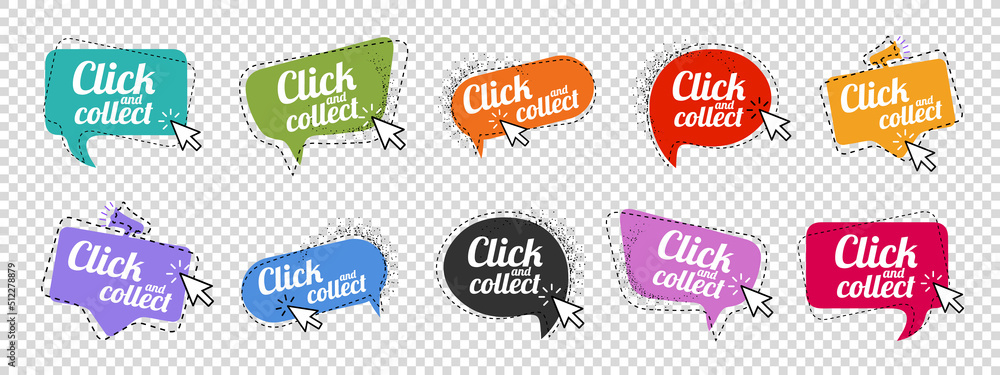Click And Collect Concept Speech Bubbles - Different Colorful Vector Illustrations Isolated On Transparent Background Click And Collect Concept Speech Bubbles - Different Colorful Vector Illustrations Isolated On Transparent Background