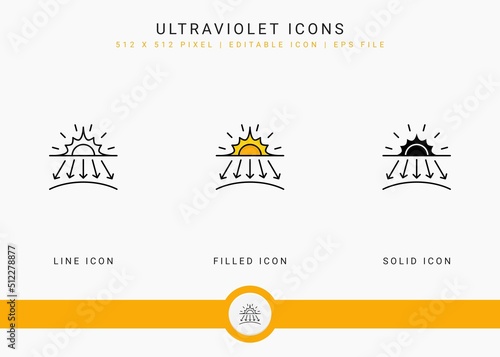 Ultraviolet icons set vector illustration with solid icon line style. Sunscreen protection concept. Editable stroke icon on isolated white background for web design, user interface, and mobile app