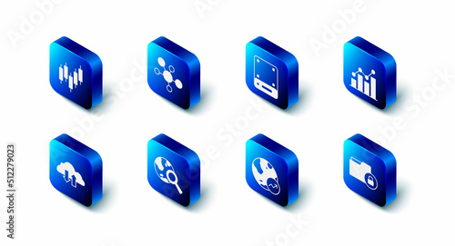 Set Mind map infographic, Server, Pie chart, Folder and lock, Financial growth, Search globe, Cloud download upload and Browser with stocks market icon. Vector