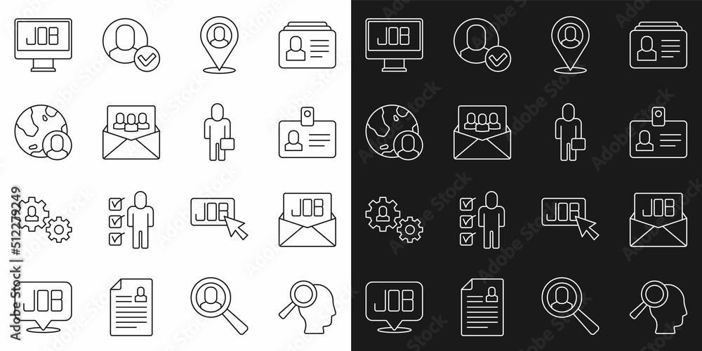 Set line Magnifying glass for search job, Search, Identification badge, Worker location, Project team base, Globe and people, and Businessman icon. Vector
