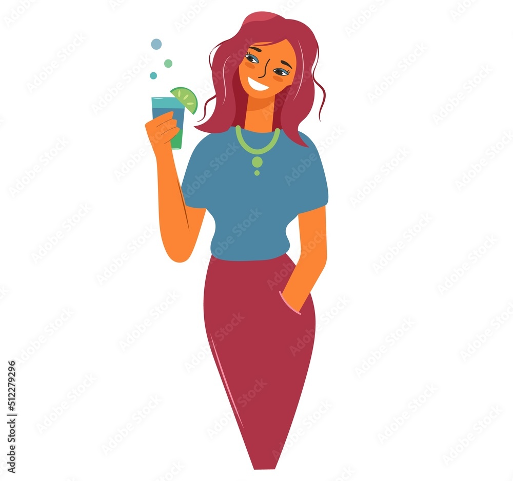 Beautiful girl drinks a drink, cocktail, wine, juice. Isolated design for banner, cover, poster in flat style. Cute happy woman with a glass on vacation, holiday. Vector illustration design. Beautiful girl drinks a drink, cocktail, wine, juice. Isolated design for banner, cover, poster in flat style. Cute happy woman with a glass on vacation, holiday. Vector illustration design.