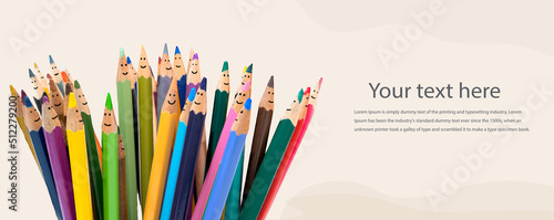 Diversity inclusion and equality concept. Group of smiling pencils representing men and women of different culture. Multicultural people concept.Racial equality.Banner copy space.Community