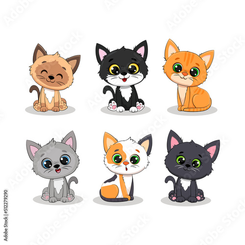 Set of cute cartoon kittens on a white background.Little cats.Vector illustration