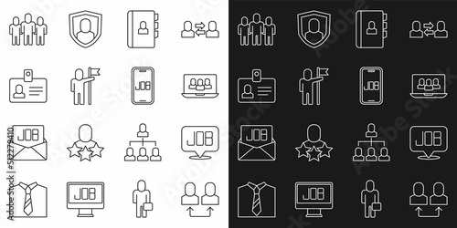 Set line Exchange work, Search job, Project team base, Resume, Man holding flag, Identification badge, and icon. Vector
