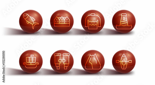 Set line Fish, Viking ship Drakkar, Lighthouse, Mountains, Binoculars, Norwegian wooden, Kayak and paddle and Sweater icon. Vector