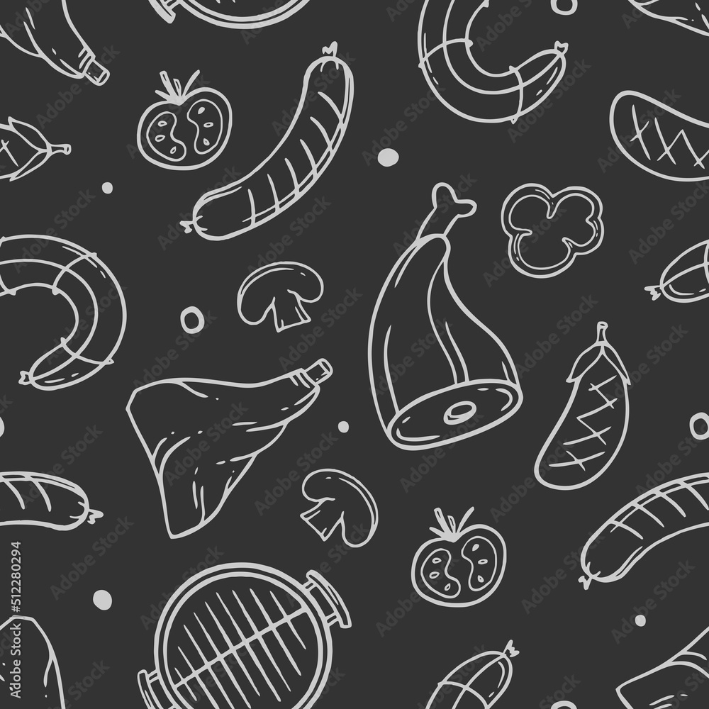 A pattern with grill and barbecue elements for the menu of a restaurant bar cafe on a black background Vector illustration of doodles A pattern with grill and barbecue elements for the menu of a restaurant bar cafe on a black background Vector illustration of doodles
