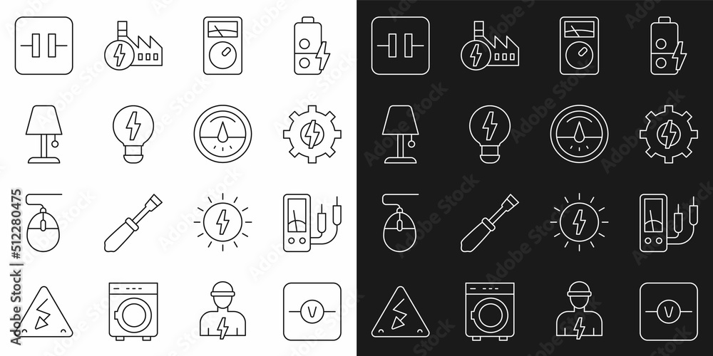 Set line Voltmeter, Ampere meter, multimeter, Gear and lightning, Creative lamp idea, Table, Electrolytic capacitor and Electric icon. Vector Set line Voltmeter, Ampere meter, multimeter, Gear and lightning, Creative lamp idea, Table, Electrolytic capacitor and Electric icon. Vector