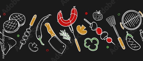 Horizontal pattern with grill and barbecue elements for restaurant bar cafe menu on black background Vector illustration of doodles