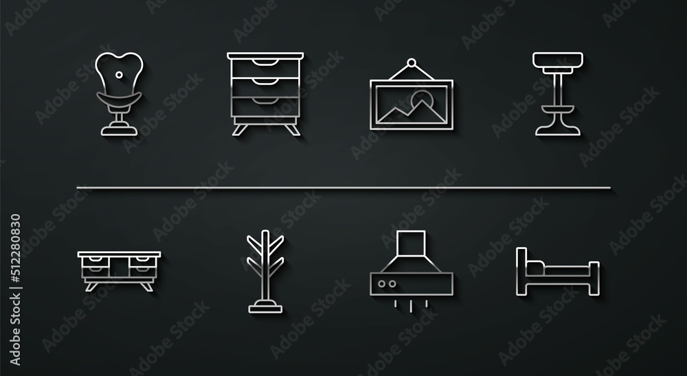 Set line Armchair, TV table stand, Chair, Kitchen extractor fan, Coat, Furniture nightstand, Bed and Picture icon. Vector Set line Armchair, TV table stand, Chair, Kitchen extractor fan, Coat, Furniture nightstand, Bed and Picture icon. Vector