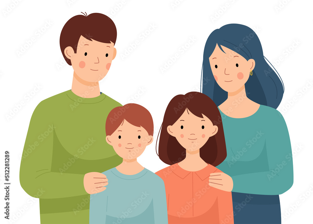 Happy family. Mom, dad, son and daughter hug each other. Parents, boy and girl. Happy family. Mom, dad, son and daughter hug each other. Parents, boy and girl.
