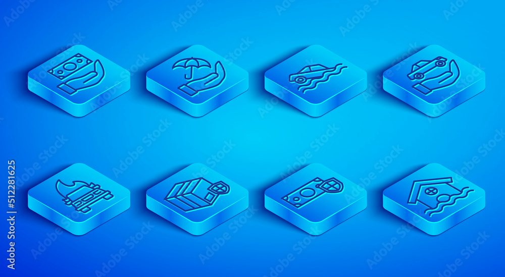Set line Money with shield, Umbrella in hand, Flood car, Delivery security, Car insurance, Burning and House flood icon. Vector Set line Money with shield, Umbrella in hand, Flood car, Delivery security, Car insurance, Burning and House flood icon. Vector