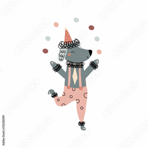 Cute poodle juggling with balls, funny animal performing in a circus show. Vector illustration