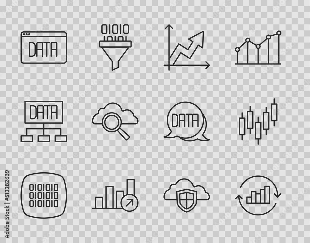 Fototapeta premium Set line Binary code, Pie chart infographic, Financial growth, Data analysis, Search cloud computing, Cloud and shield and Browser with stocks market icon. Vector