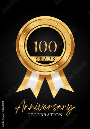 100 years anniversary celebration gold medal with ribbon vector. Poster Design for anniversary event party, wedding, birthday party, greetings and invitation card. Golden badges vector.