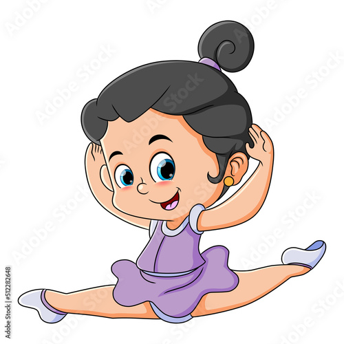 The cute ballerina girl is jumping and raising the hand for the best performance