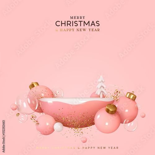Christmas and New Year Pink background. Realistic 3d design stage podium, studio semi round sphere. Decorative festive elements glass bauble balls. Xmas holiday template podium. Vector illustration