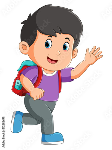 The boy is running and waving the bus in the street