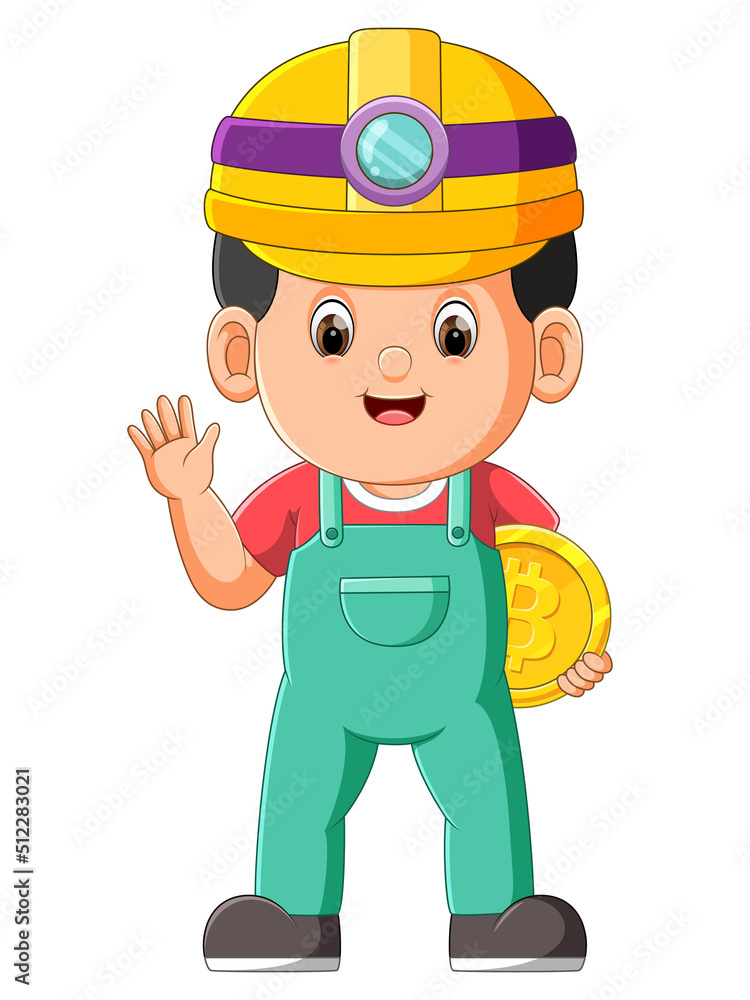 The mainer is holding the bitcoin and waving with the happy expression The mainer is holding the bitcoin and waving with the happy expression
