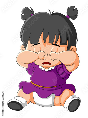 The little baby girl is sitting and crying and giving the sad expression