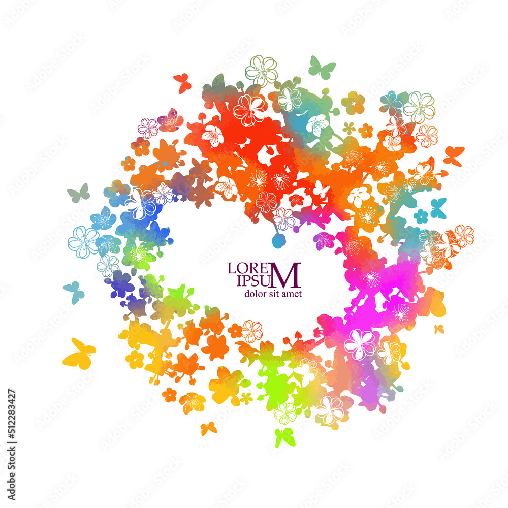 Fototapeta premium Abstraction from colorful flowers and butterflies. Round floral frame for text. Vector illustration
