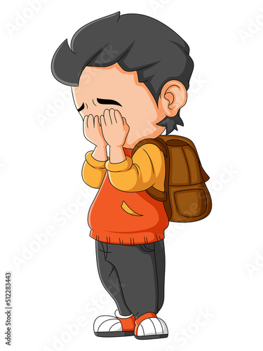 The little boy is crying and sad while bring bag from school