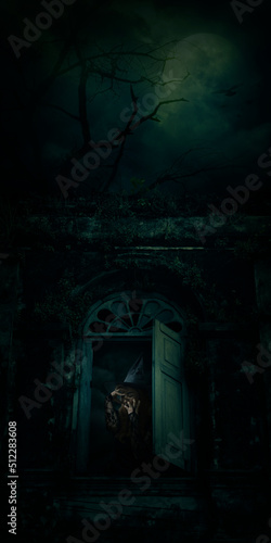 Scary halloween witch standing in ancient castle window over full moon with spooky cloudy sky, Halloween mystery concept