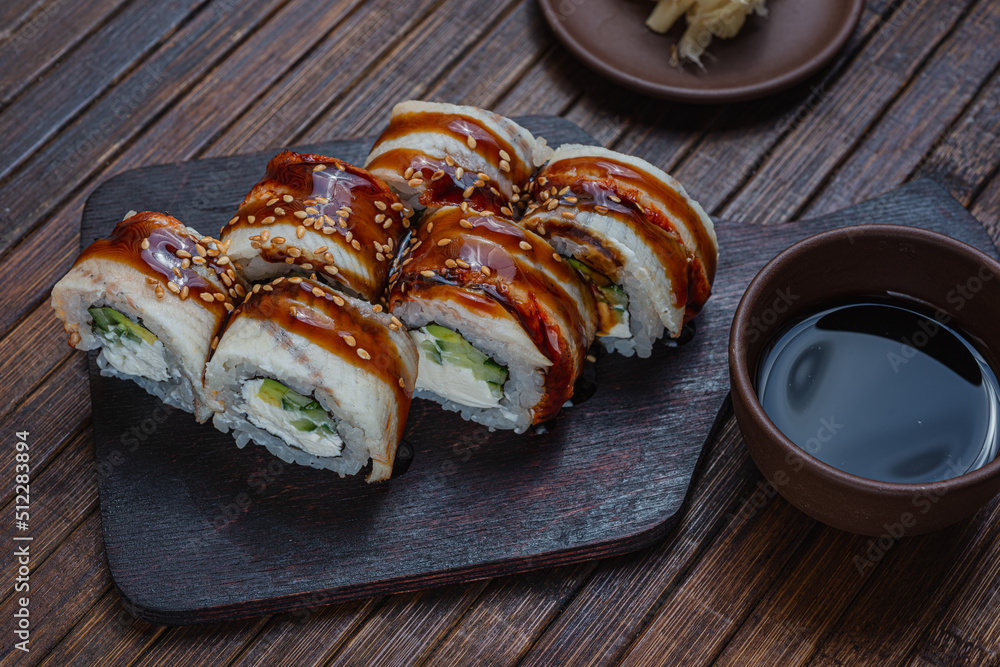 Asian traditional snack. Japanese sushi - fast food Asian traditional snack. Japanese sushi - fast food