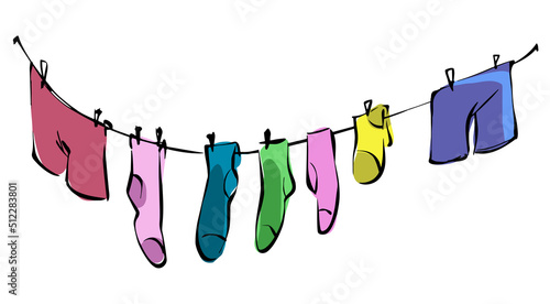 Illustration cartoon underwear on a rope. Men's underpants and socks are dried after washing.