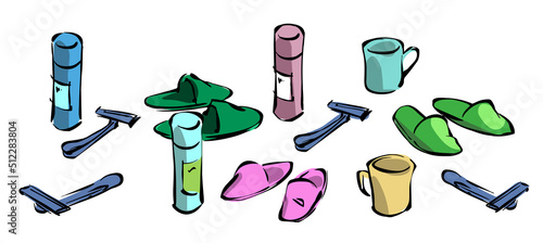 Cartoon set of men's self-care items. Illustration shaving machine, shaving foam, slippers.