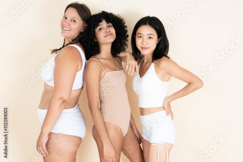 Three girls together in their underwear of different ethnicities and sizes laughing and enjoying themselves. A latina girl, an Asian girl and a Caucasian girl. Smiling together. Beautiful bodies. 