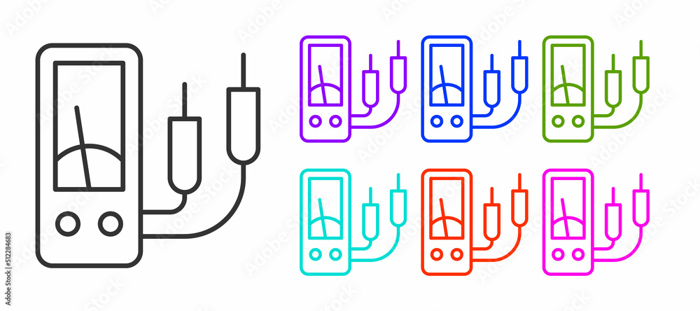 Black line Ampere meter, multimeter, voltmeter icon isolated on white background. Instruments for measurement of electric current. Set icons colorful. Vector Black line Ampere meter, multimeter, voltmeter icon isolated on white background. Instruments for measurement of electric current. Set icons colorful. Vector