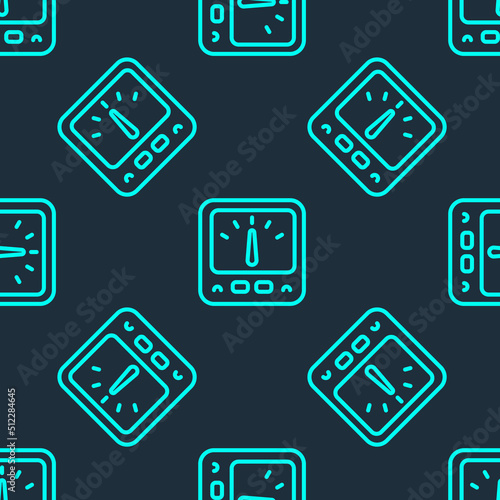 Green line Ampere meter, multimeter, voltmeter icon isolated seamless pattern on blue background. Instruments for measurement of electric current. Vector © Kostiantyn