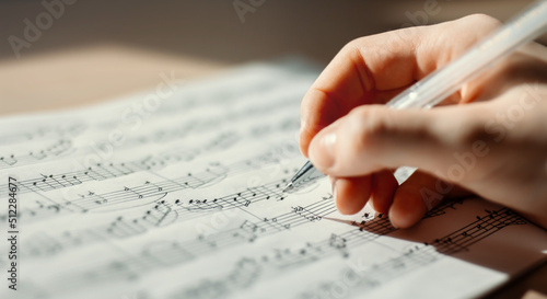 Handwritten notes and female hand holding a pen and writing notes, composing music, selective focus