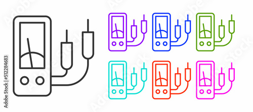 Black line Ampere meter, multimeter, voltmeter icon isolated on white background. Instruments for measurement of electric current. Set icons colorful. Vector