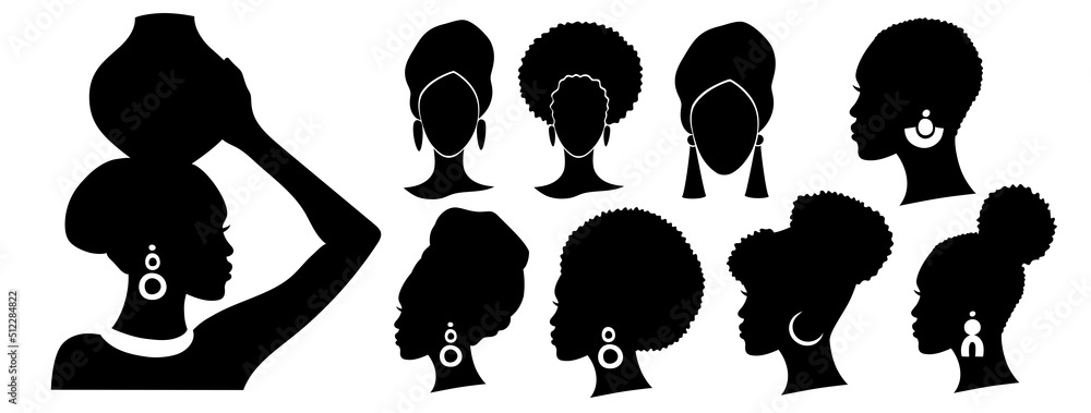 Set of silhouettes of an Afro American woman. African girl simple ...
