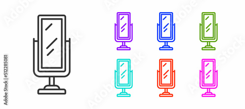 Black line Big full length mirror for bedroom, shops, backstage icon isolated on white background. Set icons colorful. Vector