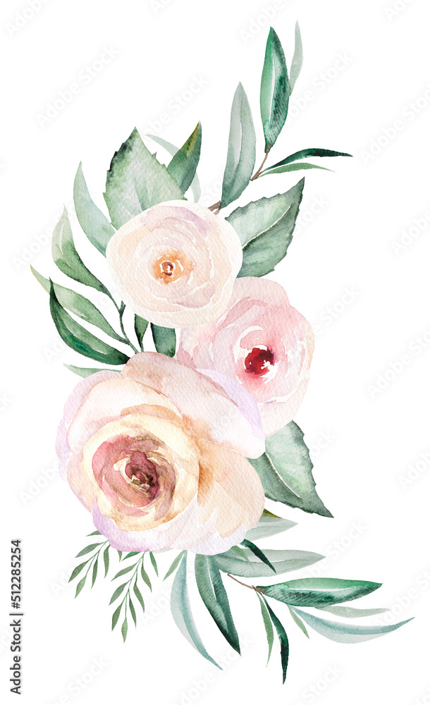 Watercolor light pink flowers and green leaves bouquet, pastel arrangement illustration