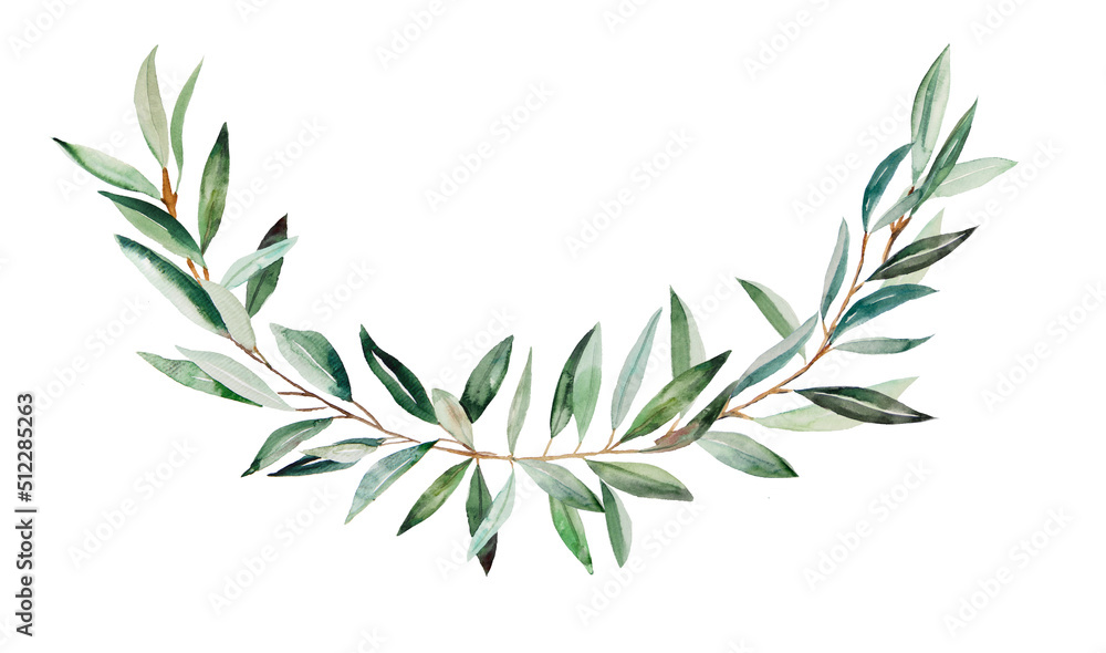 Watercolor wreath made of olive branches with green leaves illustration