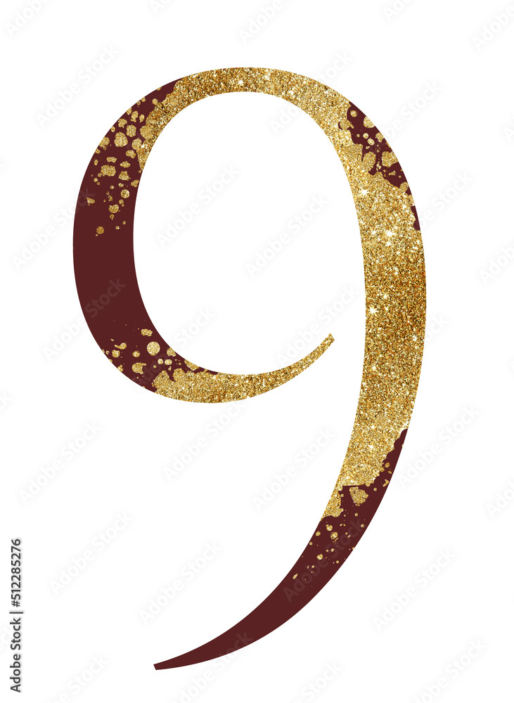 Dark red and Golden glitter number 9 with dispersion effect, festive design element Dark red and Golden glitter number 9 with dispersion effect, festive design element