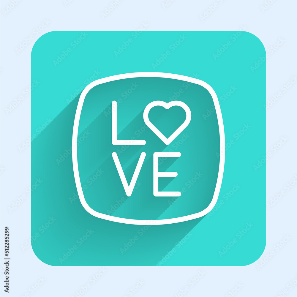 White line Love text icon isolated with long shadow background. Valentines day greeting card template. Green square button. Vector White line Love text icon isolated with long shadow background. Valentines day greeting card template. Green square button. Vector