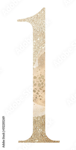 Pastel light Golden number 1 isolated illustration, glitter holiday design element