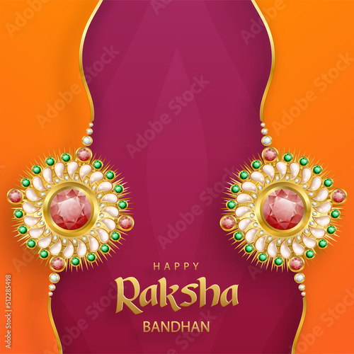 Happy Raksha Bandhan, the Indian festival, with Rakhi elements and crystal on color background