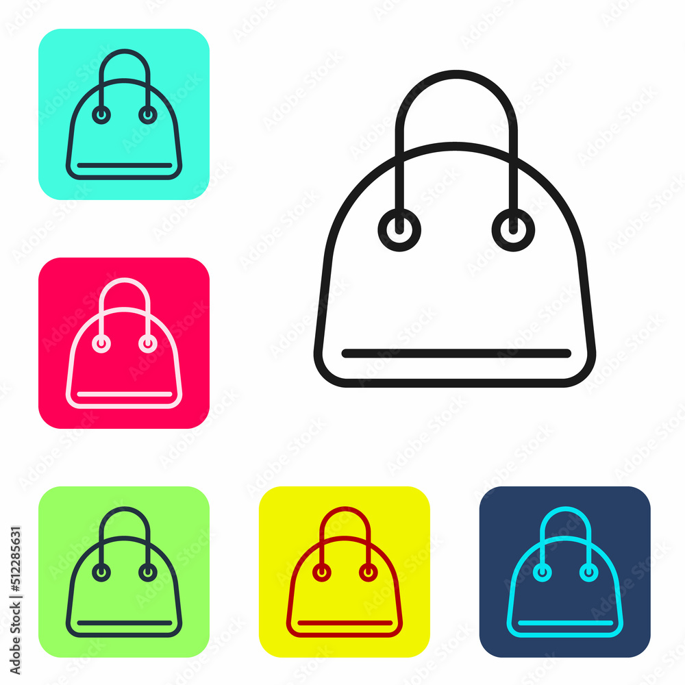 Black line Handbag icon isolated on white background. Female handbag sign. Glamour casual baggage symbol. Set icons in color square buttons. Vector Black line Handbag icon isolated on white background. Female handbag sign. Glamour casual baggage symbol. Set icons in color square buttons. Vector
