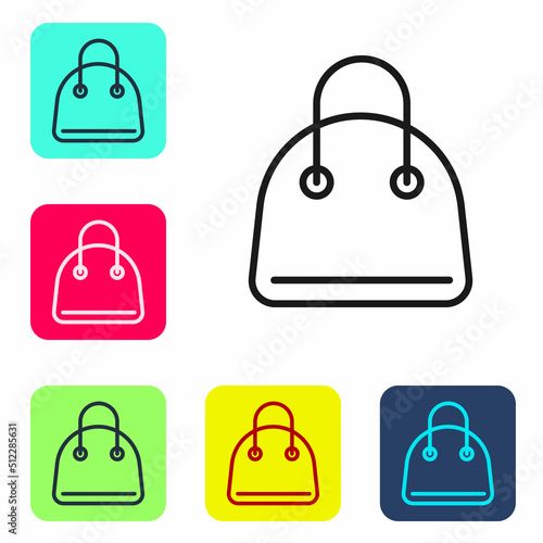 Black line Handbag icon isolated on white background. Female handbag sign. Glamour casual baggage symbol. Set icons in color square buttons. Vector