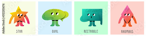 Set of various basic geometric shapes with cute smiling face. Funny cartoon characters for kids education. Hand drawn colorful vector illustration isolated on white background. Modern flat style.