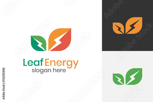 Eco Energy Vector Logo with leaf symbol icon design, Green bio leaf with flash or thunder icon, nature electricity renewable logo for natural technology