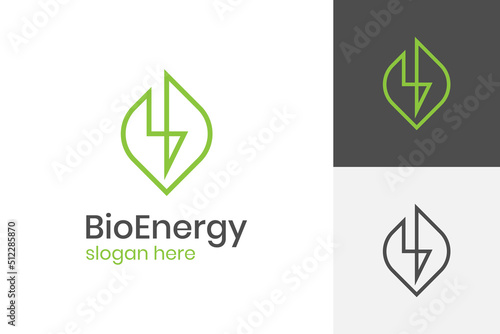 Eco Energy Vector Logo with leaf symbol icon design, Green bio leaf with flash or thunder icon, nature electricity renewable logo for natural technology