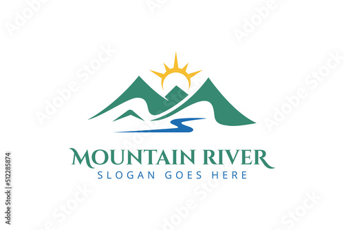 vector Mountain Peaks River Creek Simple logo design with sun icon, Minimalist Landscape Hills outdoor logo element