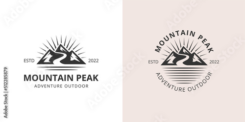 Minimalist Landscape Hills Mountain Peaks Vector logo design. mountain outdoors with sun sunrise logo